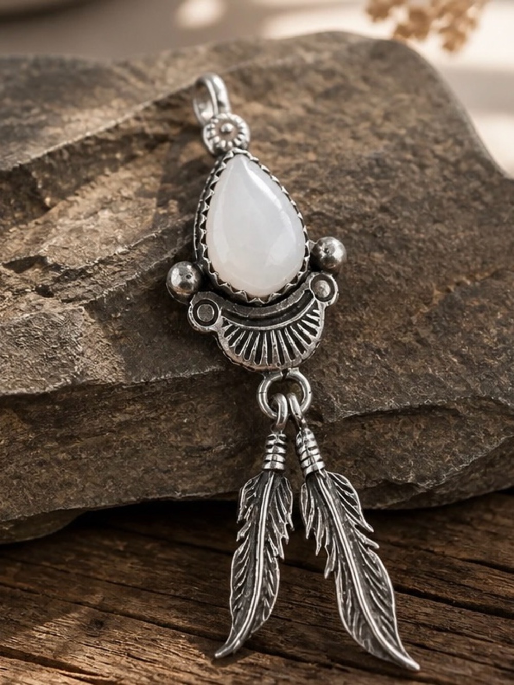 Sterling Silver Feather Drop Pendant with White MOP Teardrop